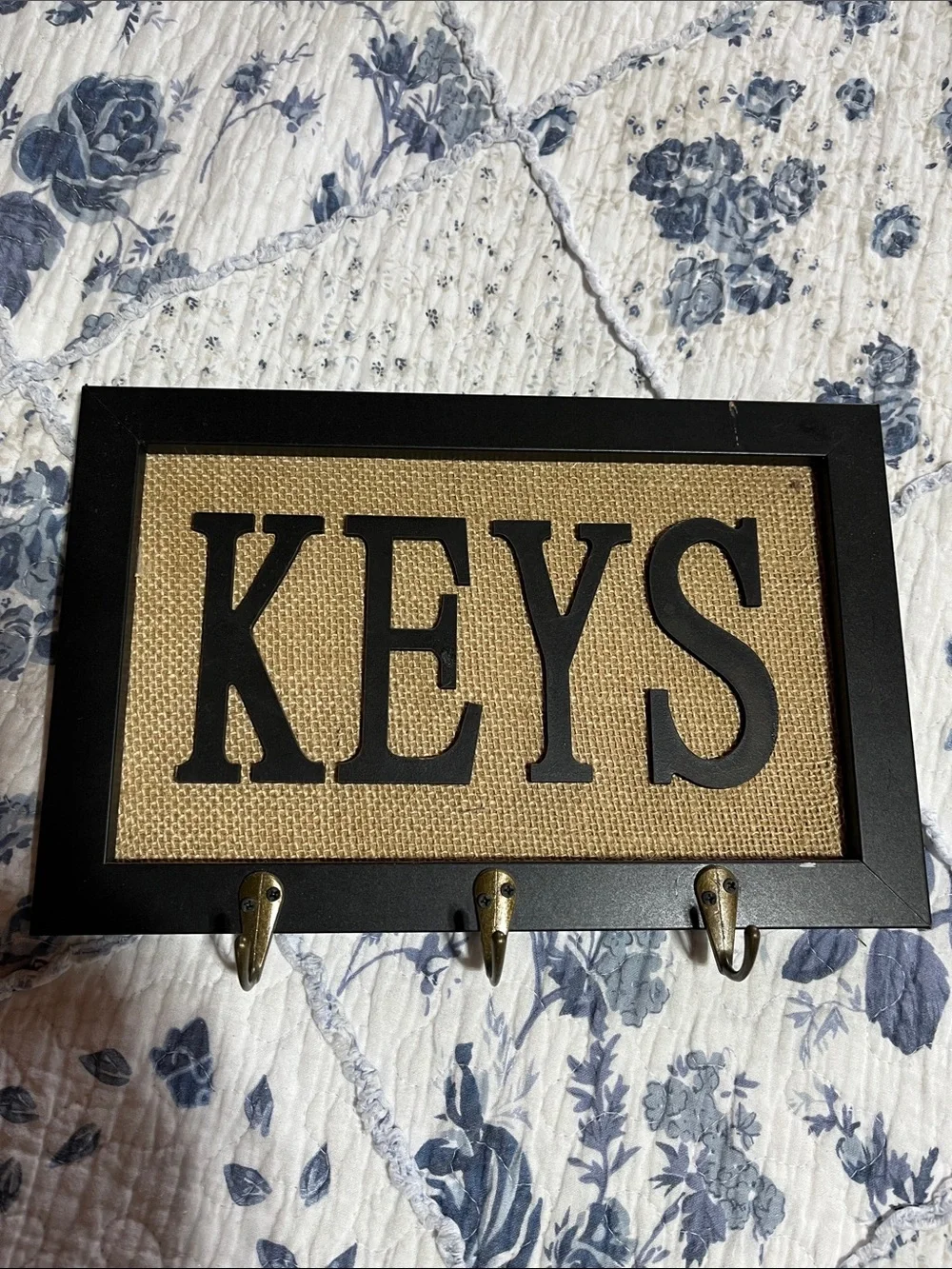 KEYS Burlap Wall Key Holder with Black Frame and Brass Hooks